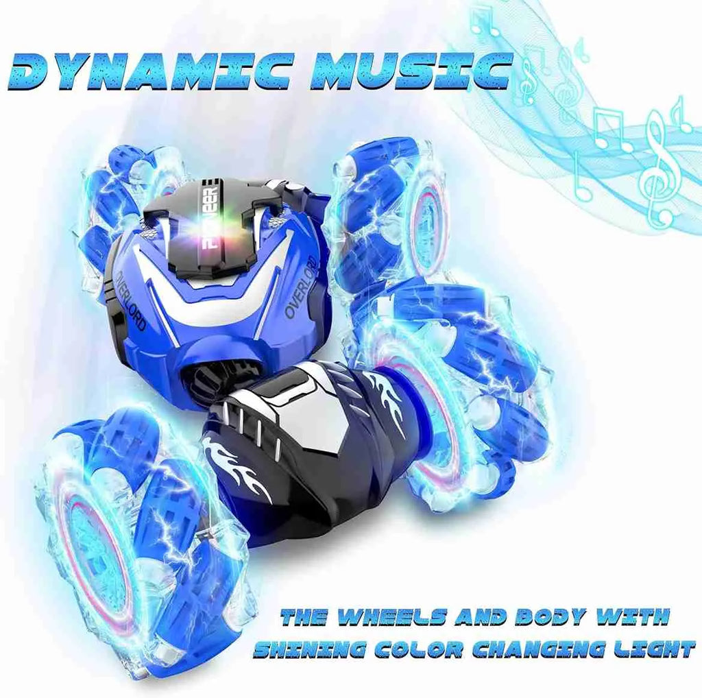 RC stunt car with dynamic music on a white background.