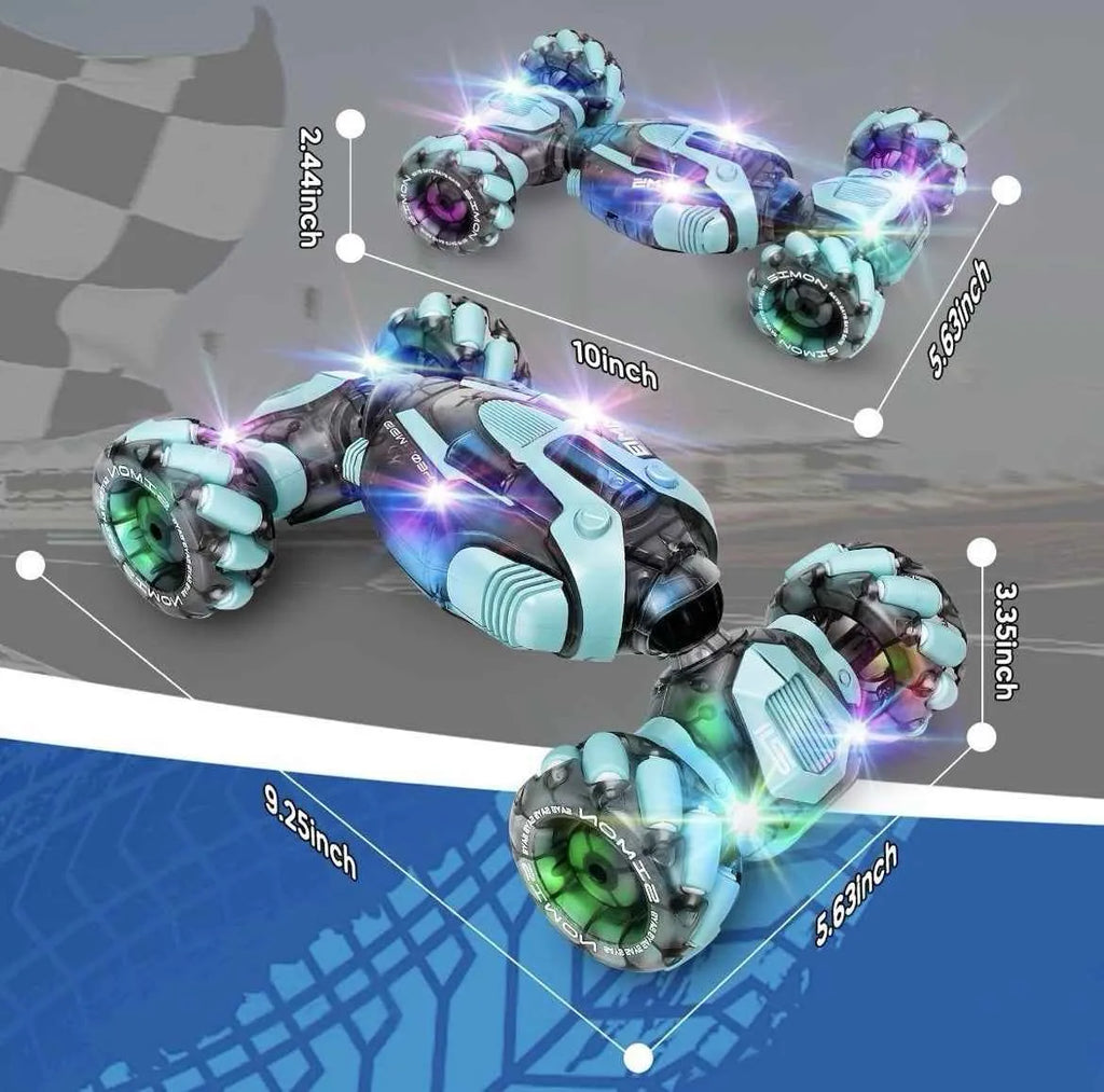 RC stunt car with glowing lights and measurements on a checkered background