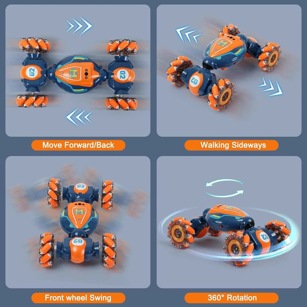 RC stunt car with movement modes on a gray background