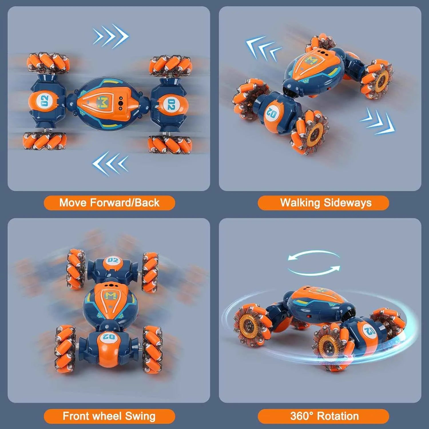 RC stunt car with movement modes on a gray background