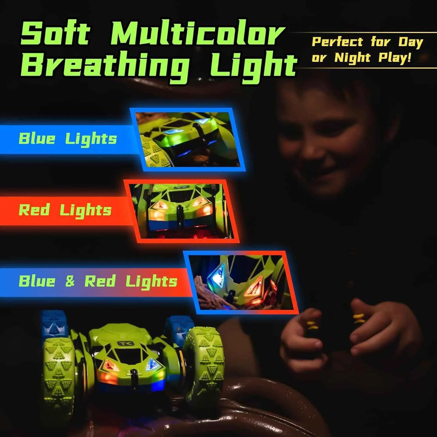 RC stunt car with multicolor breathing light feature, shown in blue, red, and both colors, with a child playing.