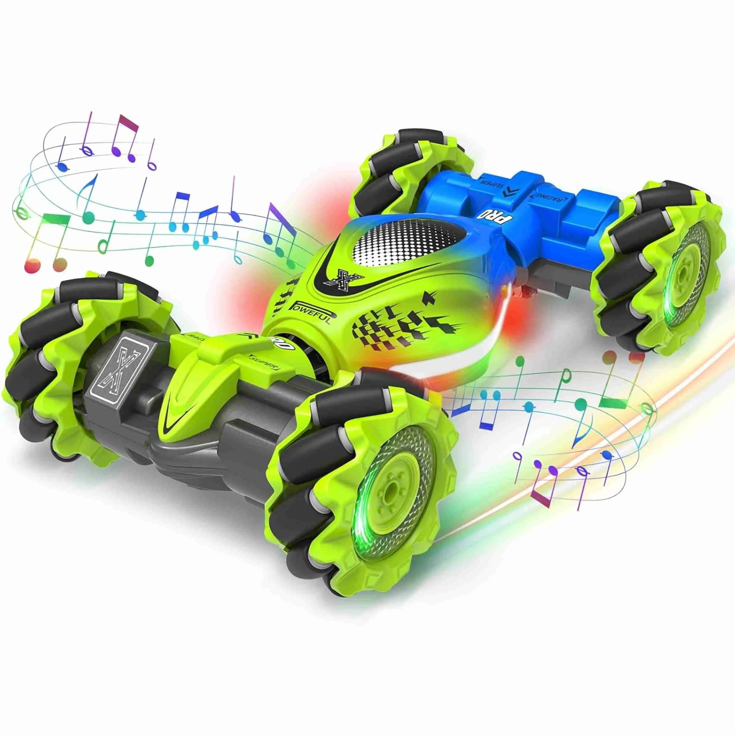 RC stunt car with music control on white background