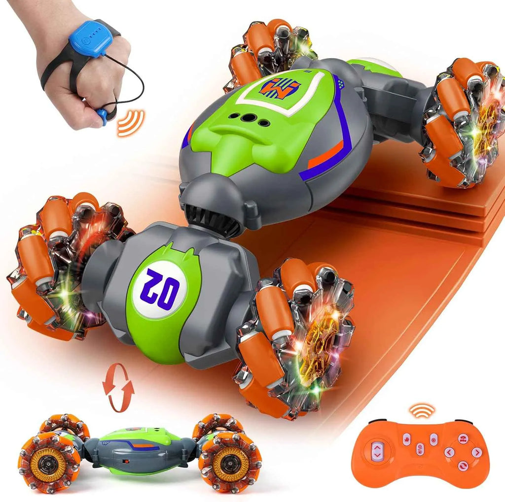 RC stunt car with orange wheels and green body on a white background