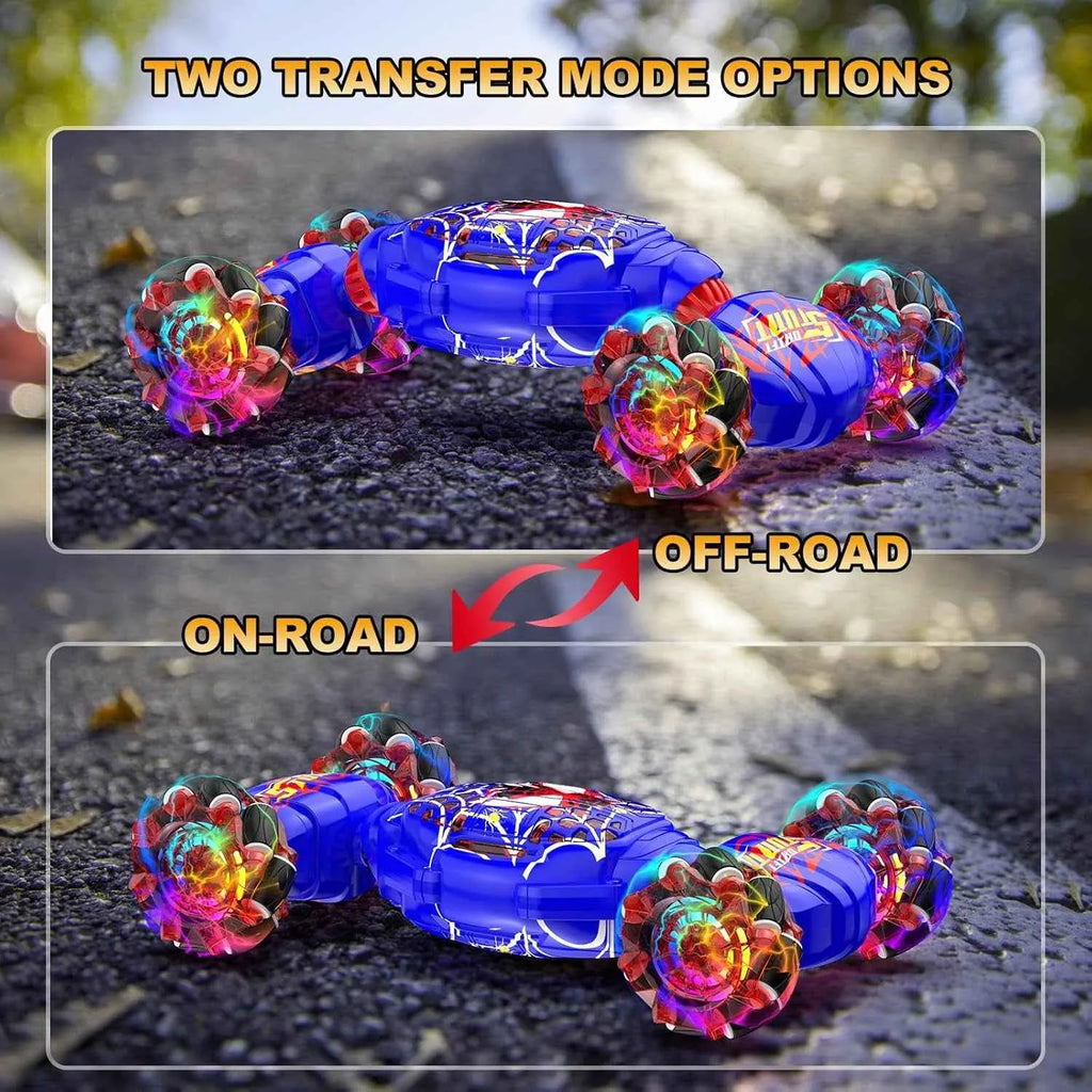 RC stunt car with two transfer mode options on a road.