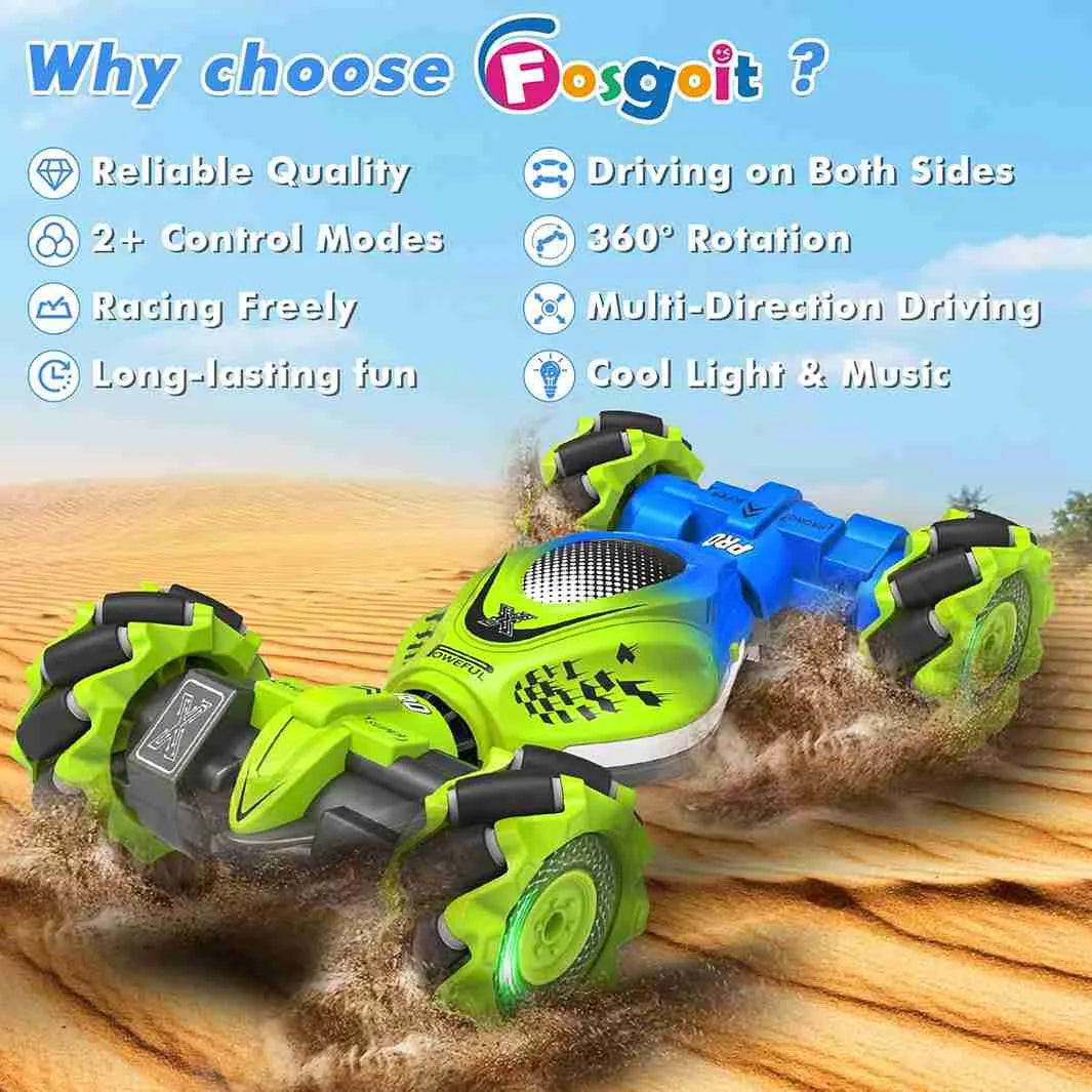 RC stunt robot with green and blue colors on a desert surface, featuring text about Fosgoit brand.