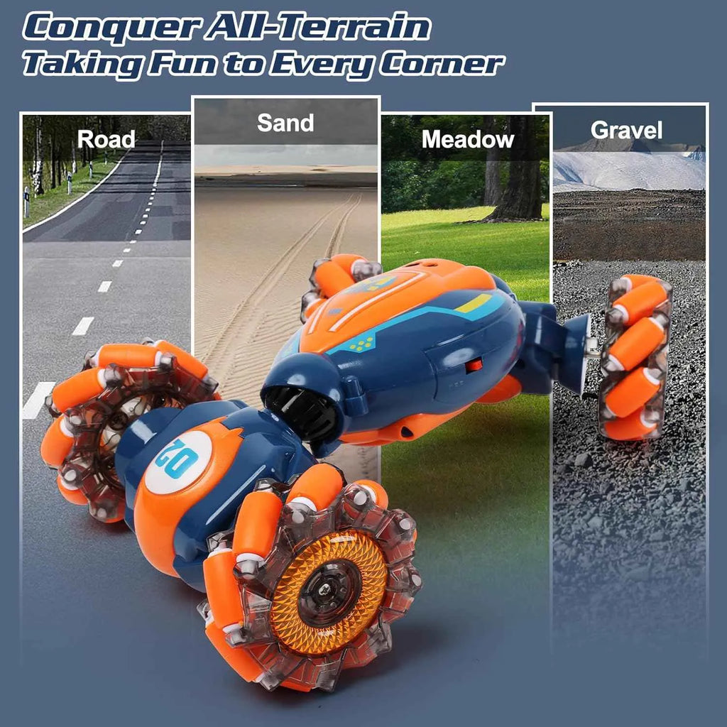 RC stunt vehicle on various terrains with text 'Conquer All-Terrain Taking Fun to Every Corner'.