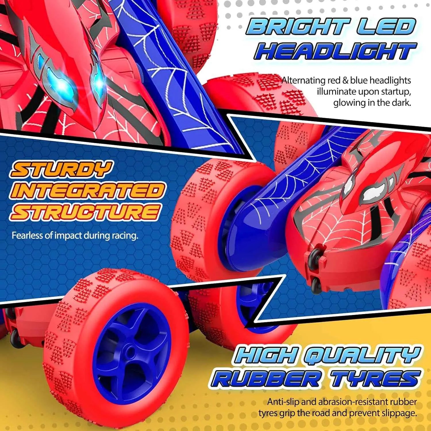 RC stunt vehicle with Spider-Man design featuring bright LED headlights, sturdy structure, and high-quality rubber tires on a colorful background.