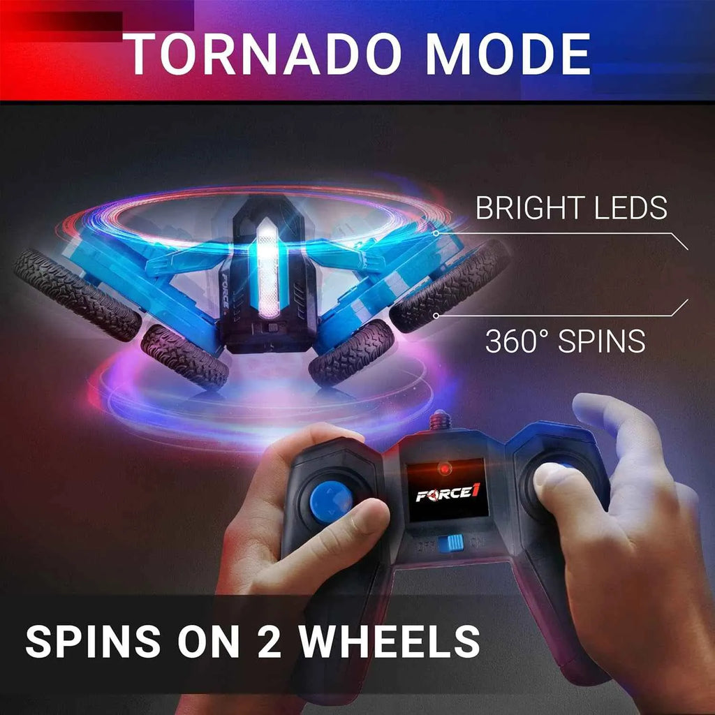 RC stunt vehicle with bright LEDs and 360-degree spins, controlled by a remote with Force7 branding.