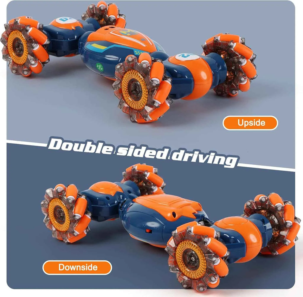 RC stunt vehicle with double-sided driving feature on a blue background
