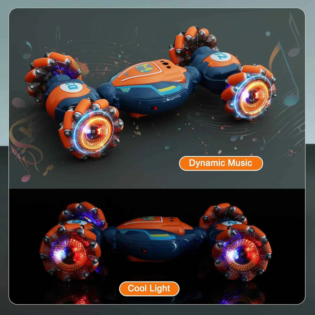 RC stunt vehicle with glowing lights on a dark background