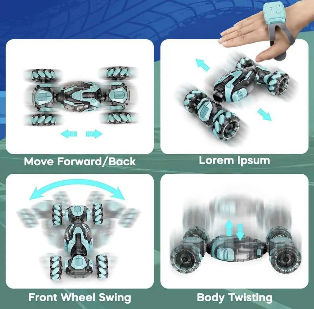 RC stunt vehicle with motion instructions on a blue and green gradient background