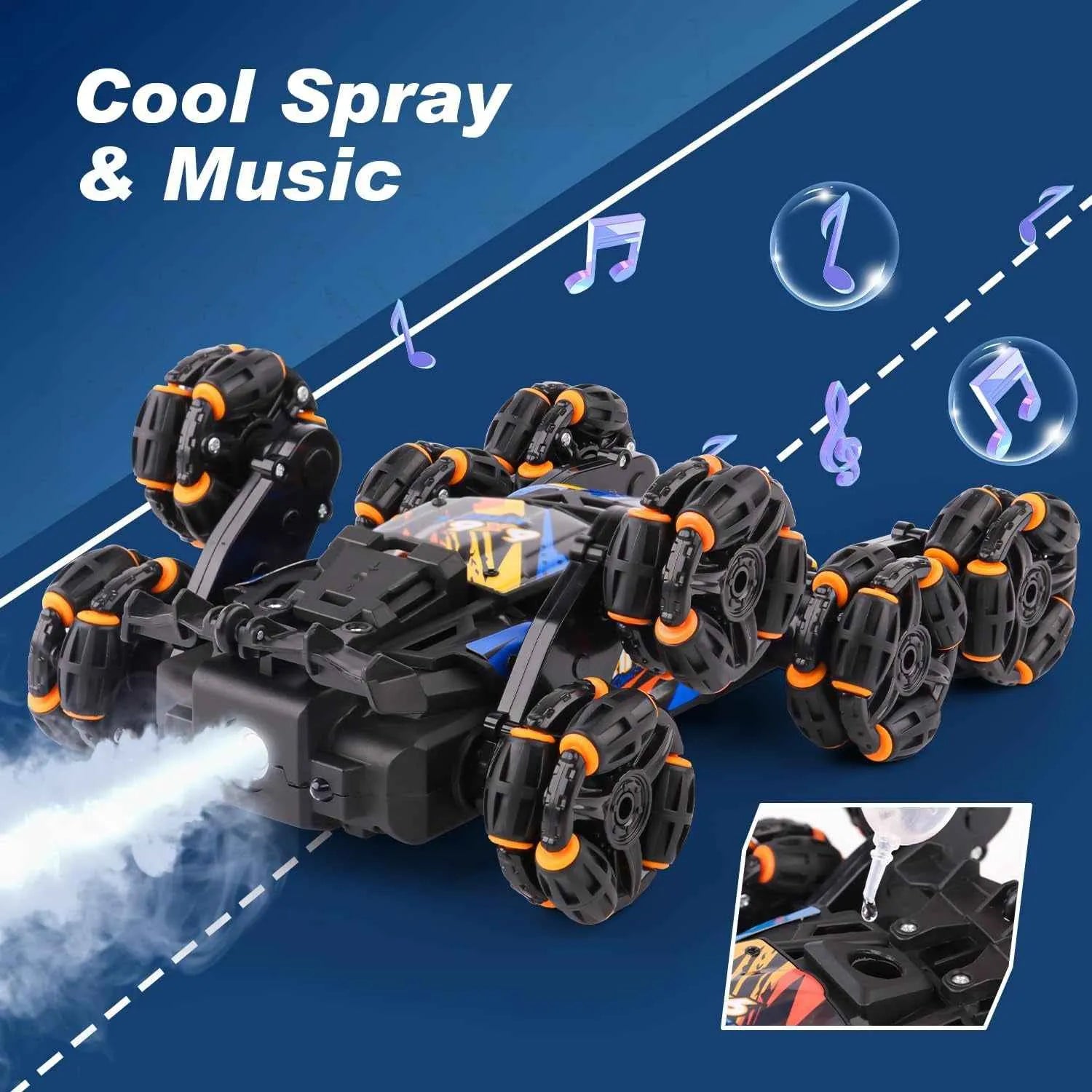 RC stunt vehicle with spray and music features on a blue background