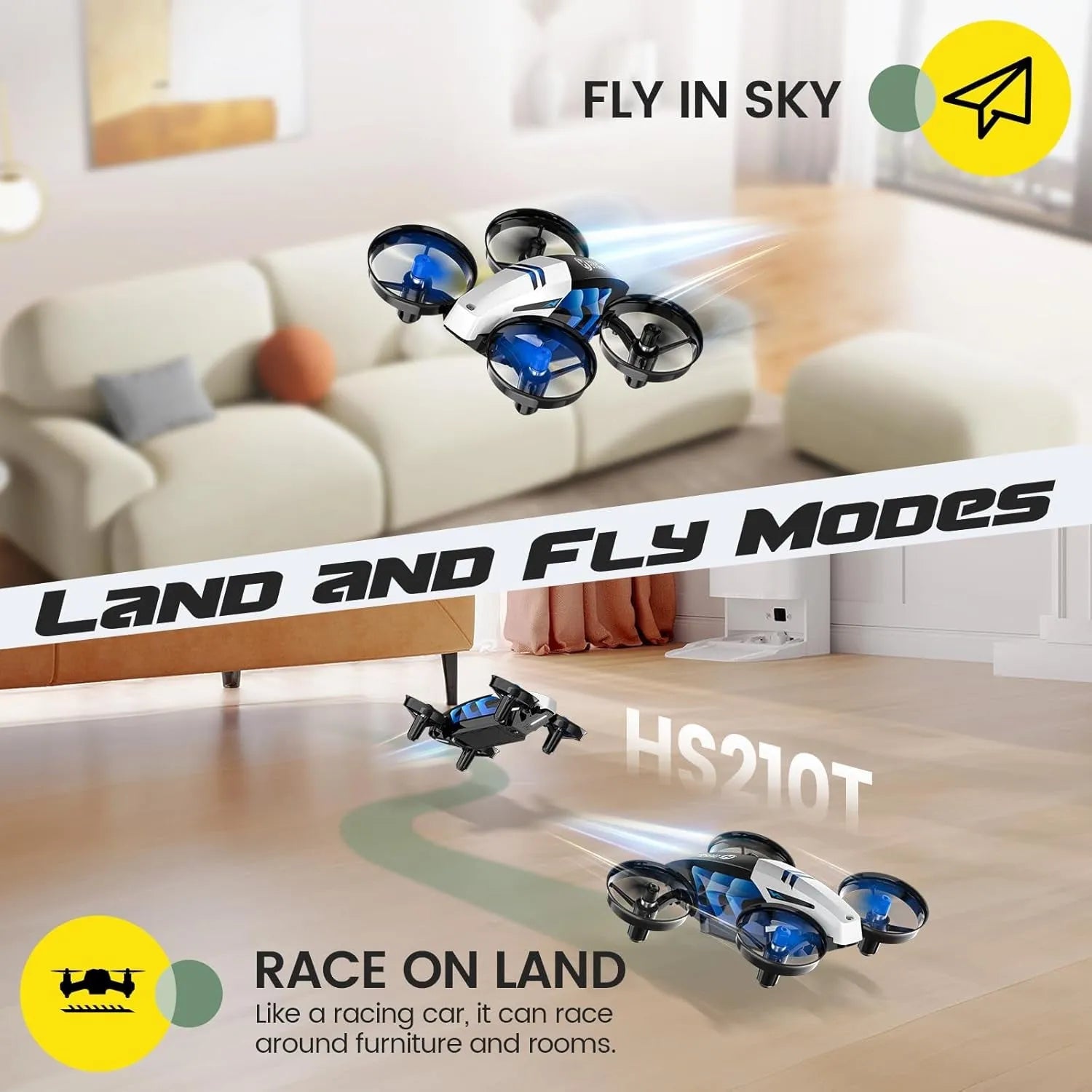 RC Toy drone with 'Land and Fly Modes' text in a living room setting