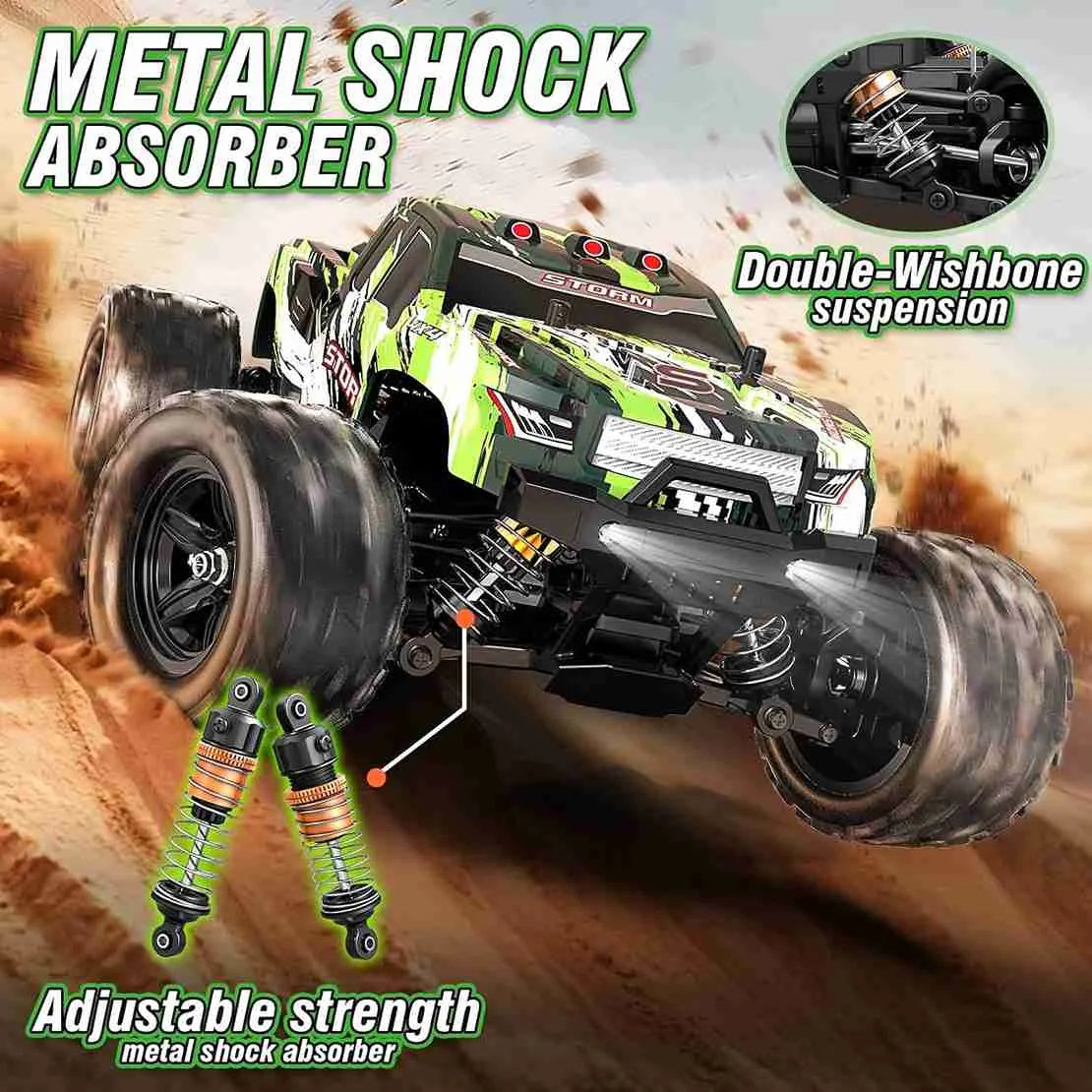 RC truck with metal shock absorber and double-wishbone suspension on a desert background