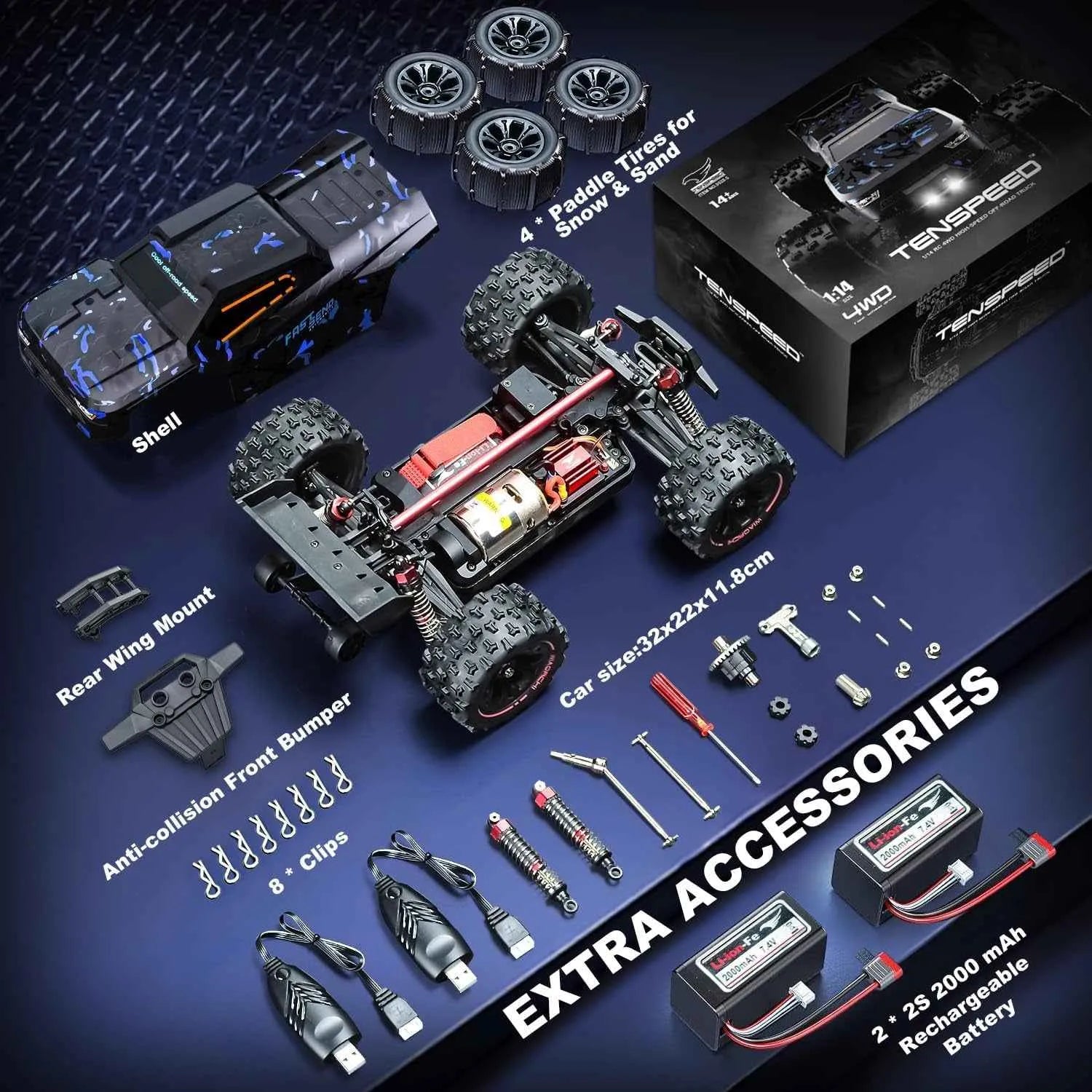 RC truggy chassis with various accessories on a blue background