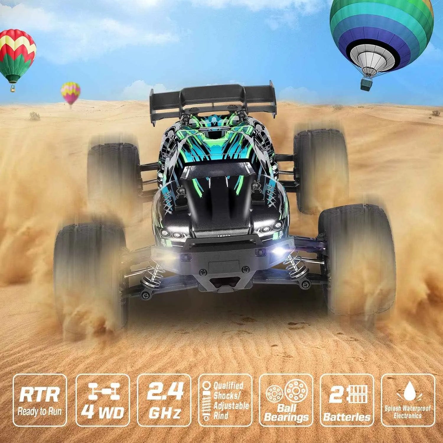 RC truggy on sand with hot air balloons in the background