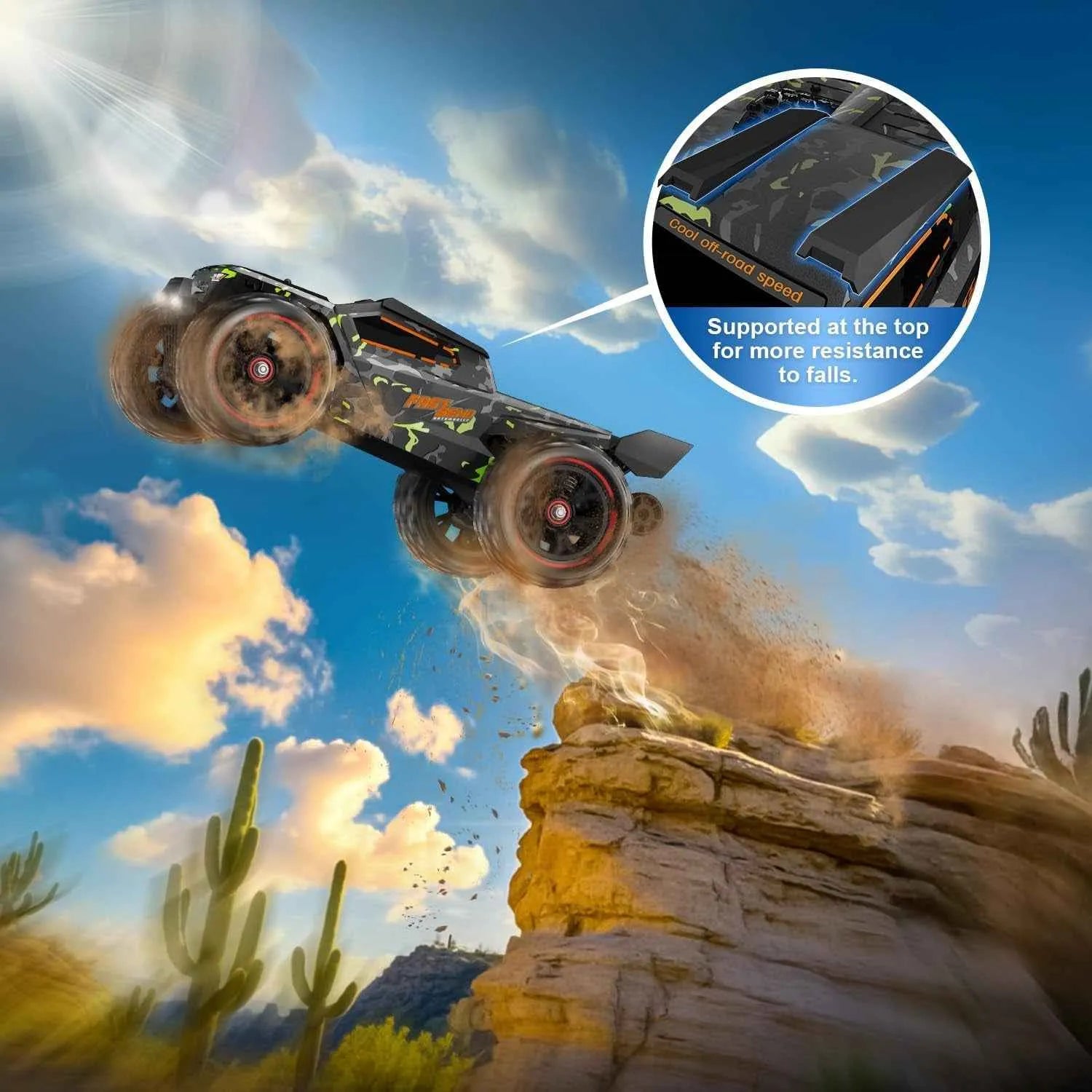 RC truggy performing a stunt in the air with a close-up inset of suspension components.