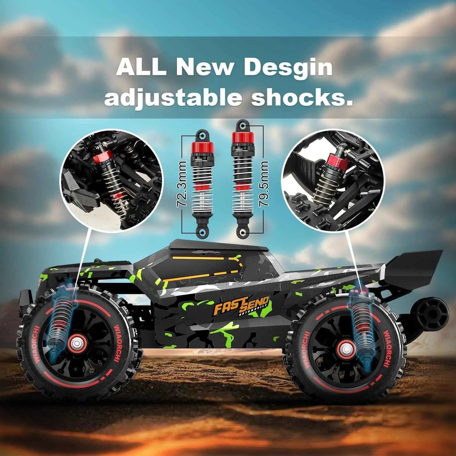 RC truggy with adjustable shocks on a desert background
