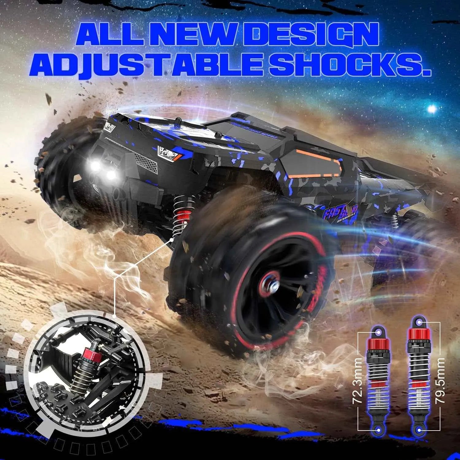RC truggy with adjustable shocks on a desert background