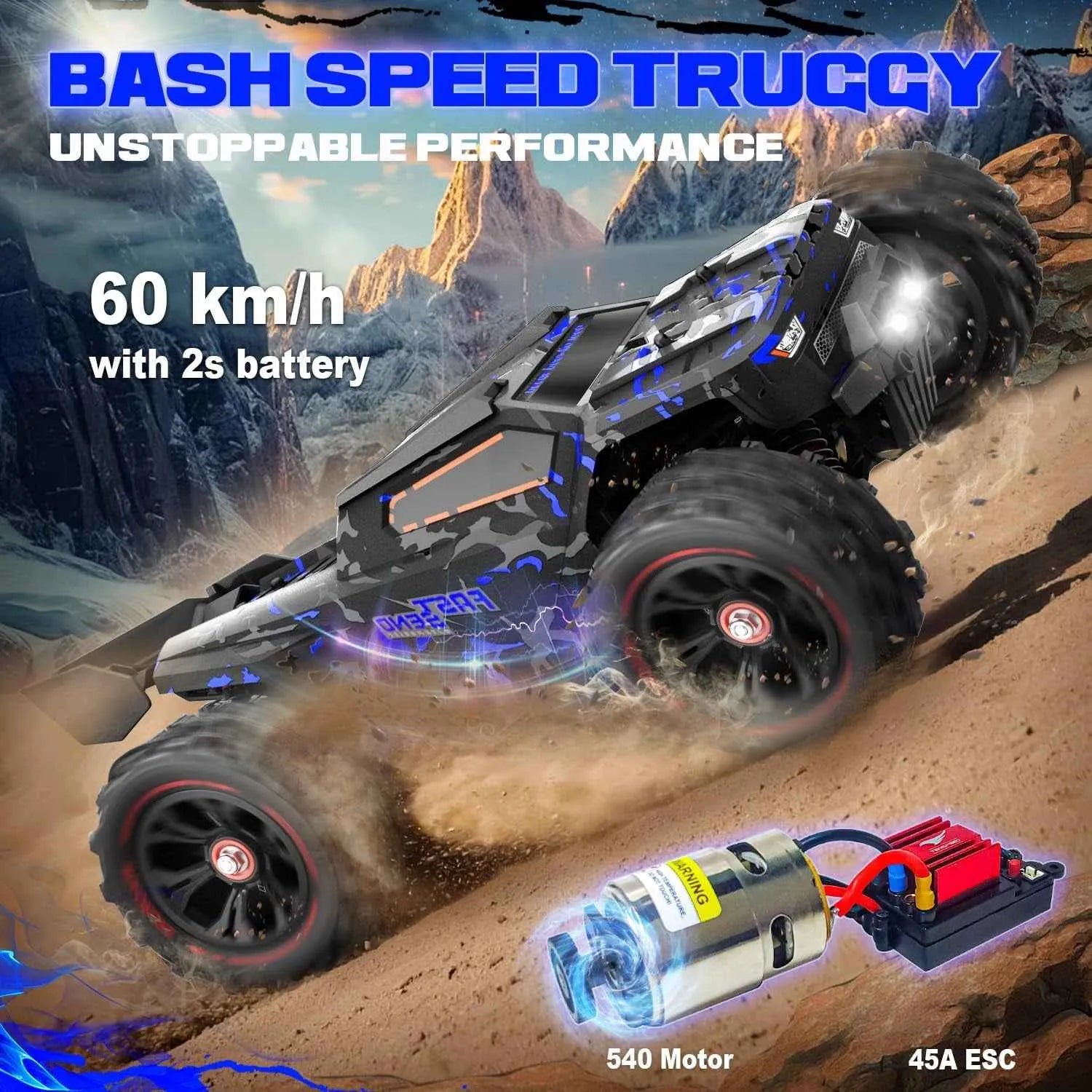 RC truggy with off-road capabilities on a mountainous background, featuring text about speed and battery life.