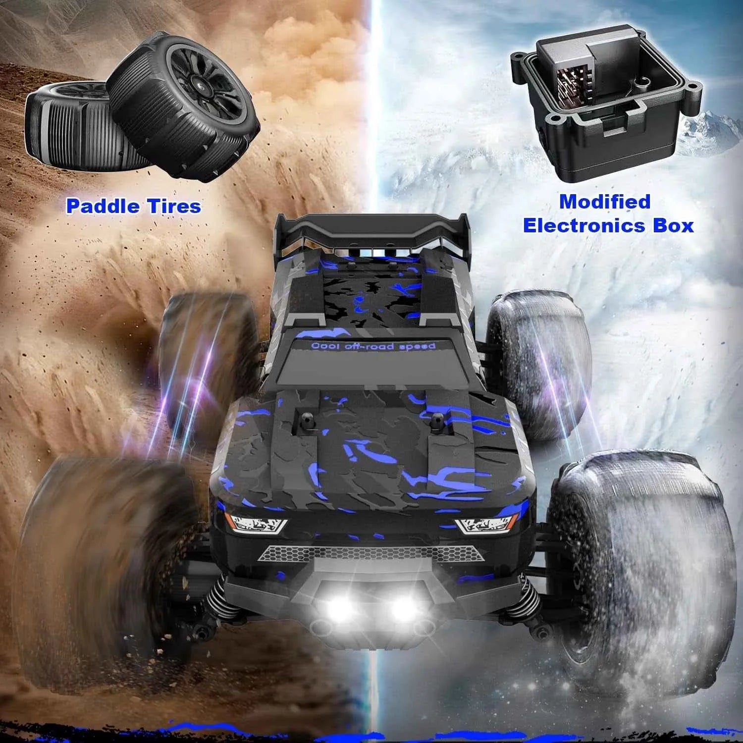 RC truggy with paddle tires and modified electronics box on a dual background of sand and ice.