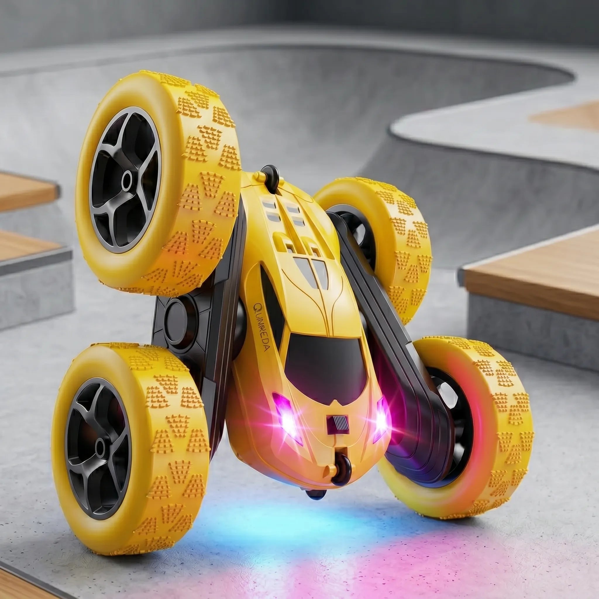 RC yellow stunt car on a stunt area background