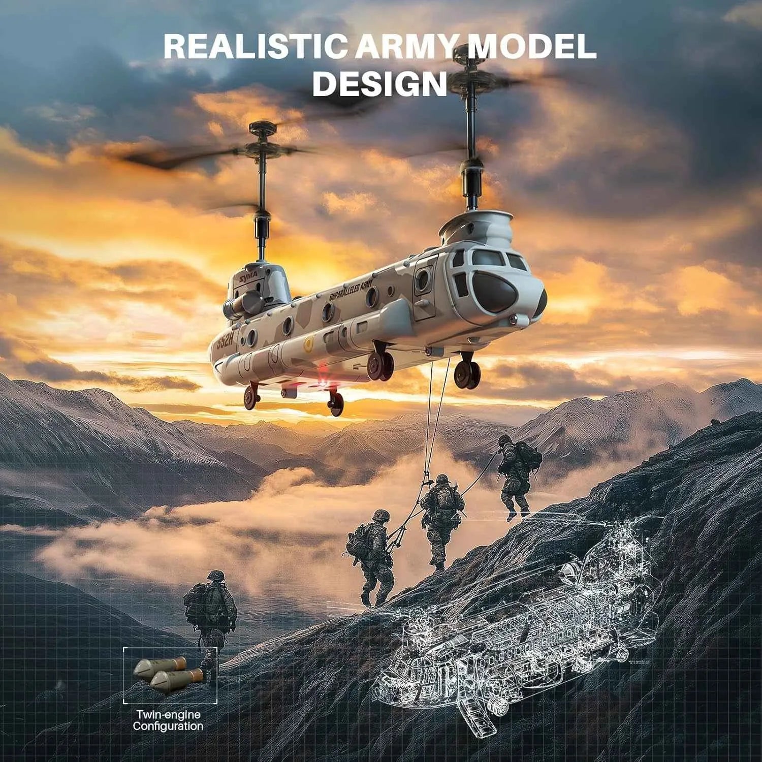 Realistic army model design with a RC helicopter and soldiers against a mountainous landscape.