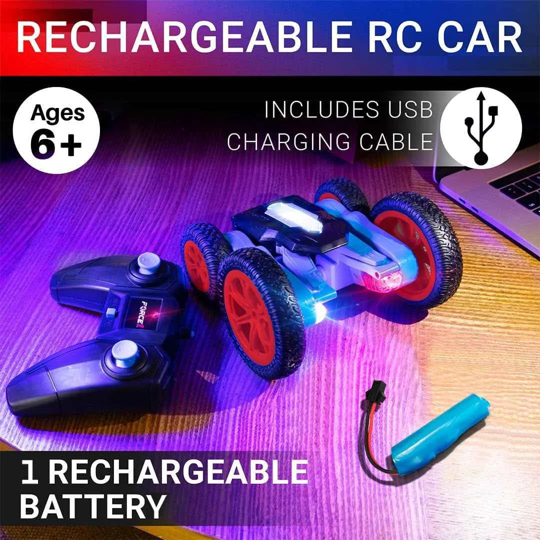 Rechargeable RC stunt car with controller and battery on a wooden surface