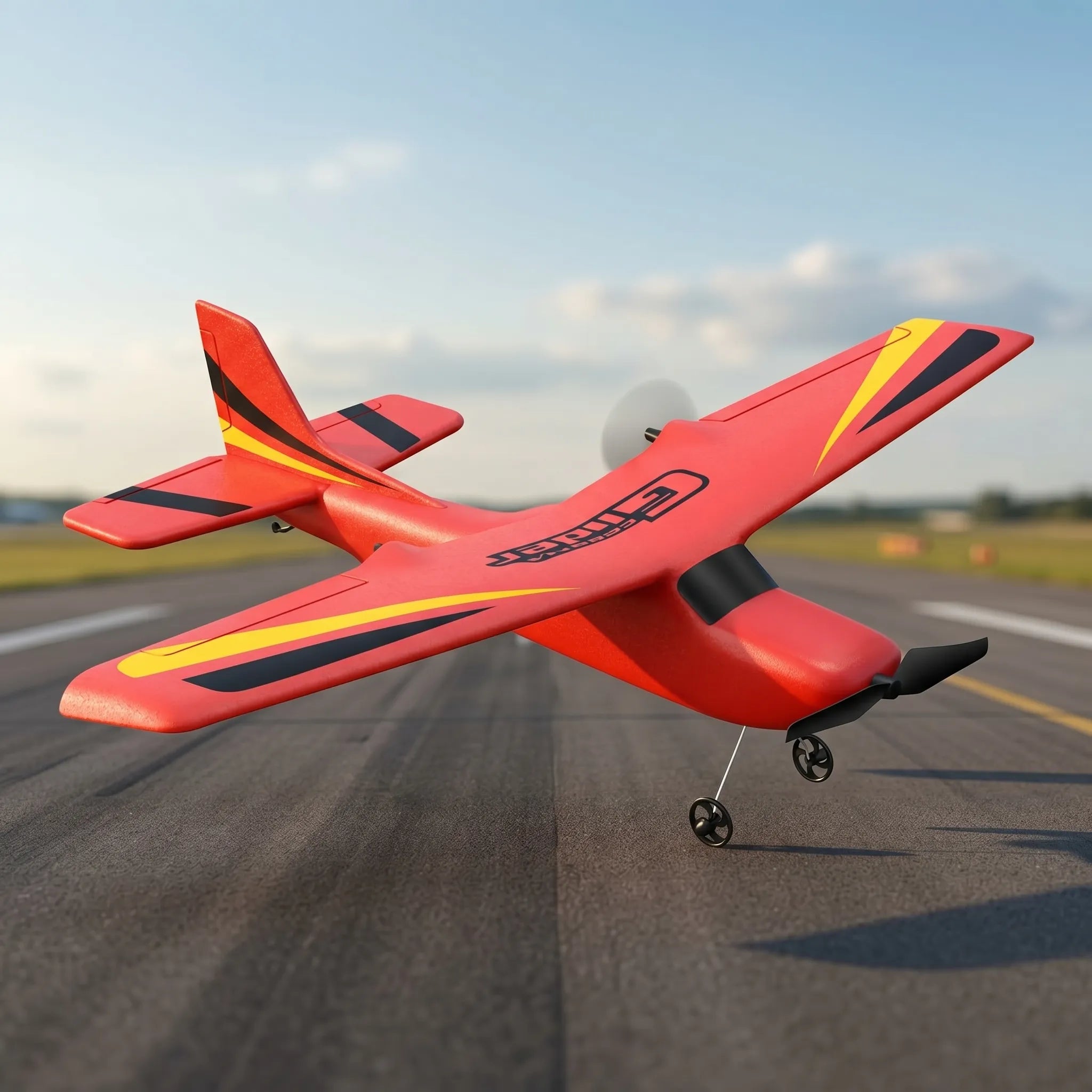 Red and black RC airplane on a runway with a clear sky