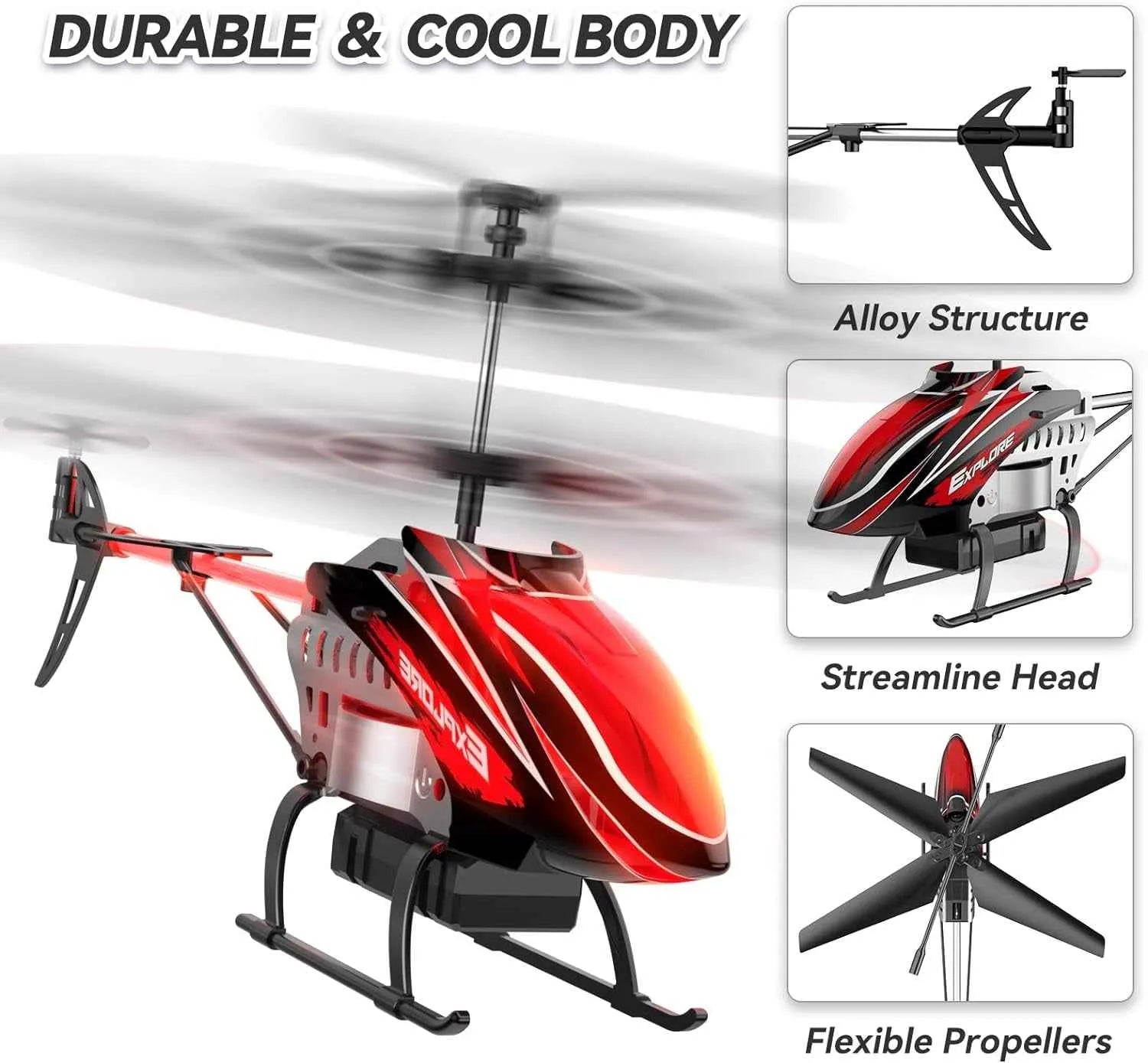 Red and black RC helicopter with features highlighted on a white background