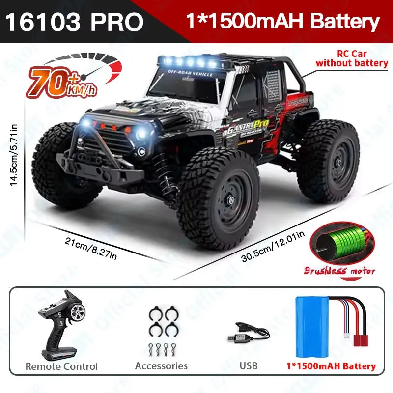 Red and Black RC monster truck with specifications and accessories on a white background