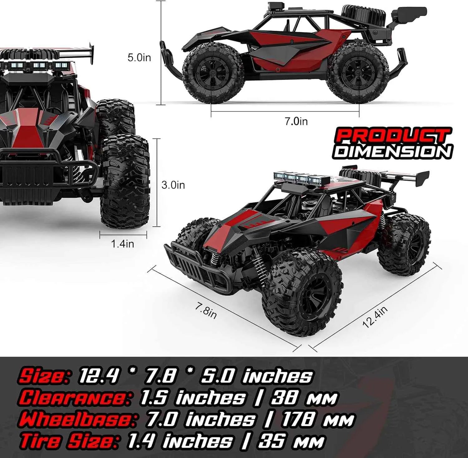 Red and black RC off-road monster truck with dimensions displayed on a white background