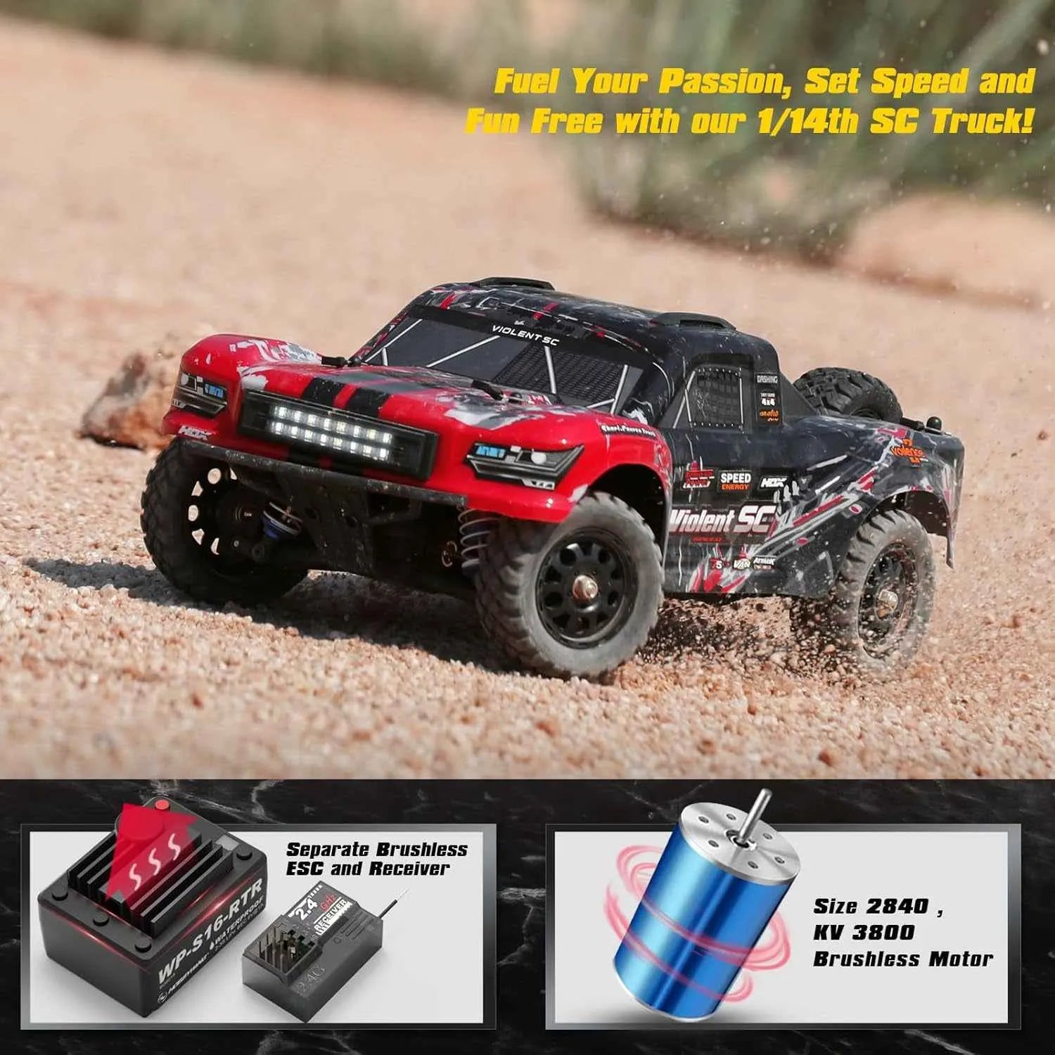 Red and black RC short course truck on a sandy surface with promotional text and technical details below.