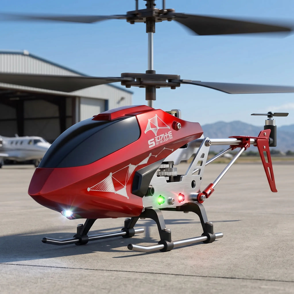 Red and black remote control helicopter on a tarmac with mountains in the background