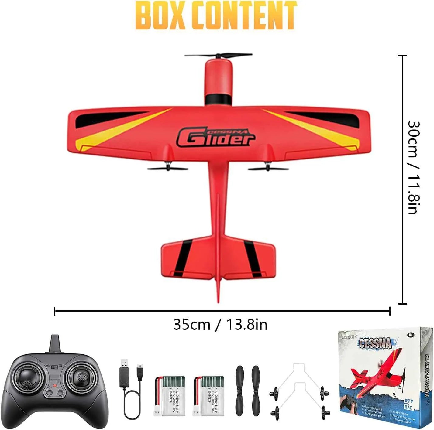 Red and yellow remote control airplane with controller and accessories on a white background