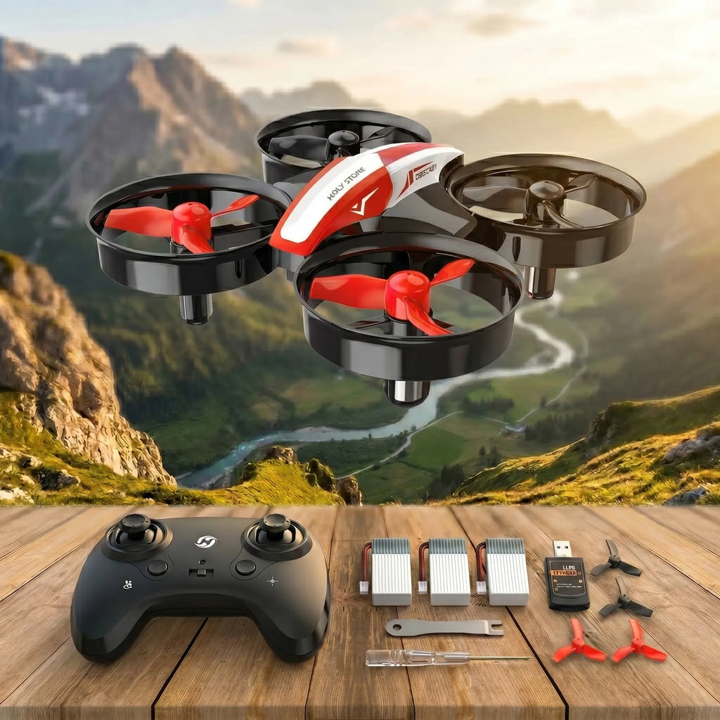 Red RC Drone with propellers, controller, and accessories on a wooden table with a mountainous landscape in the background.