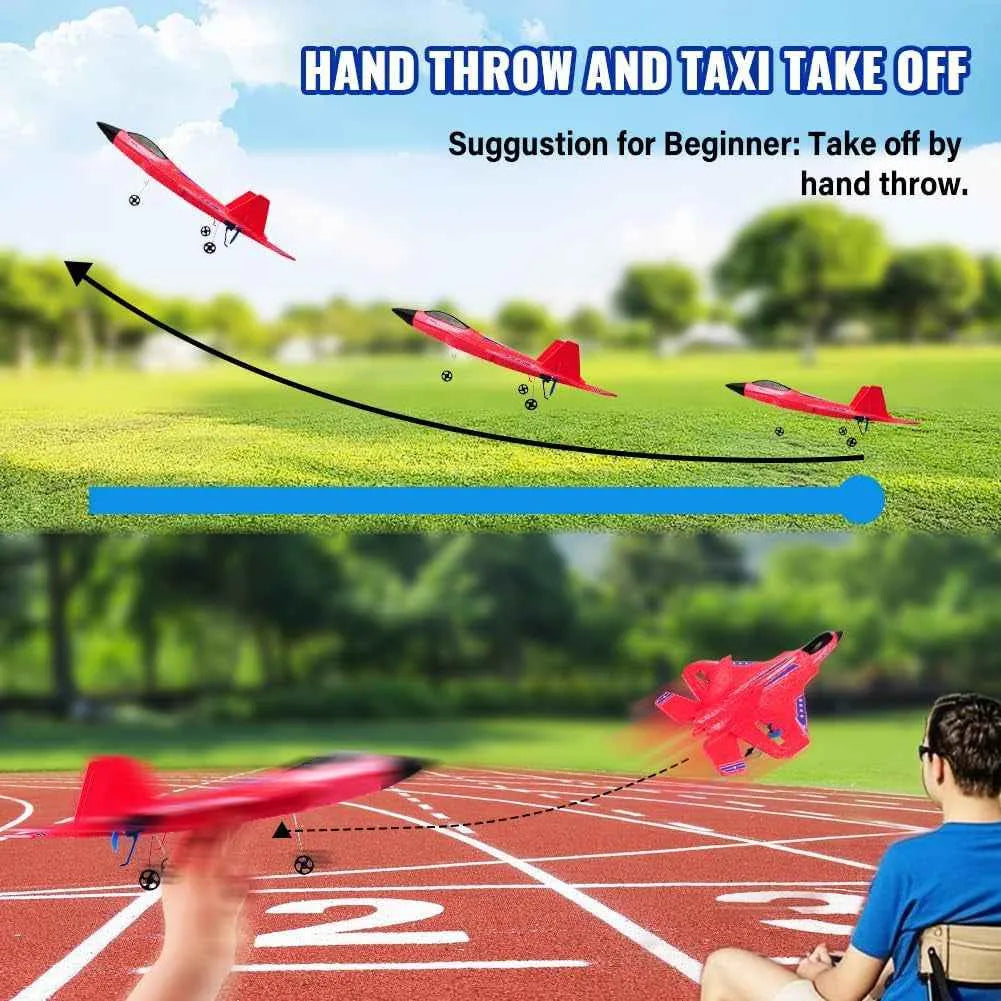 Red RC airplane being thrown and taking off on a track with instructions on how to use it.