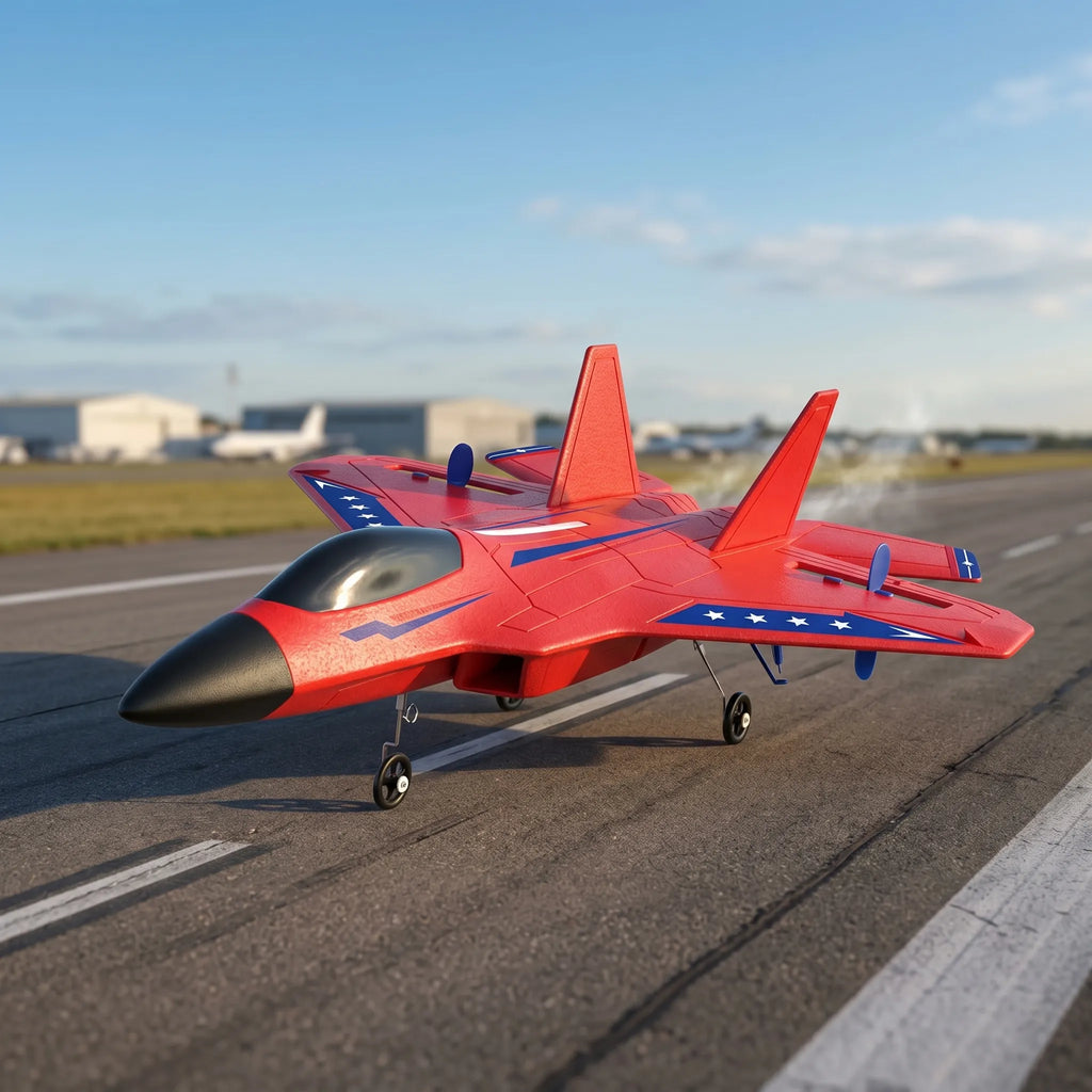 Red RC airplane on a runway with a clear sky background