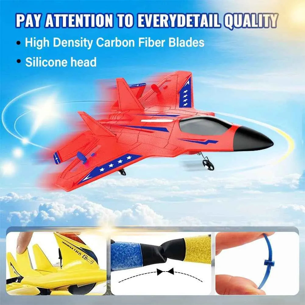 Red RC airplane with blue accents against a blue sky background, featuring text about material quality.