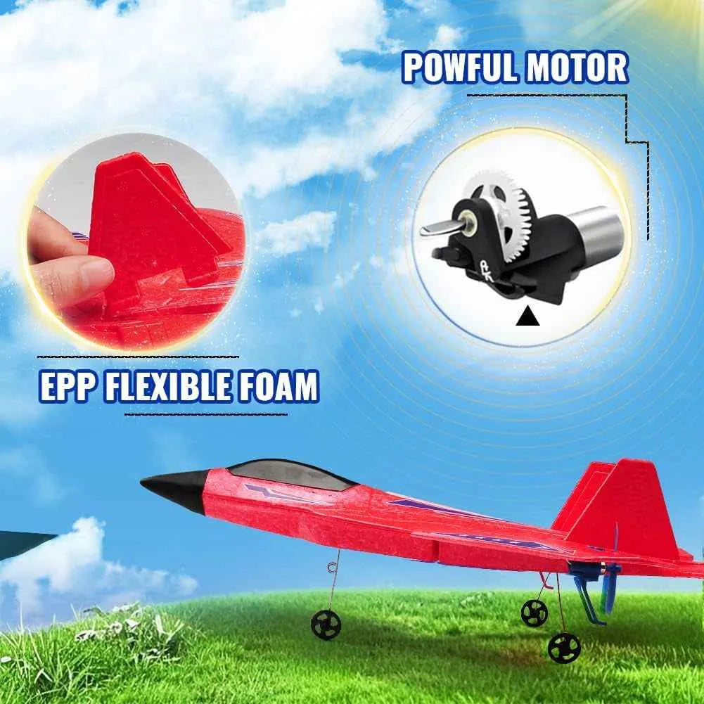 Red RC airplane with components highlighted on a blue sky background
