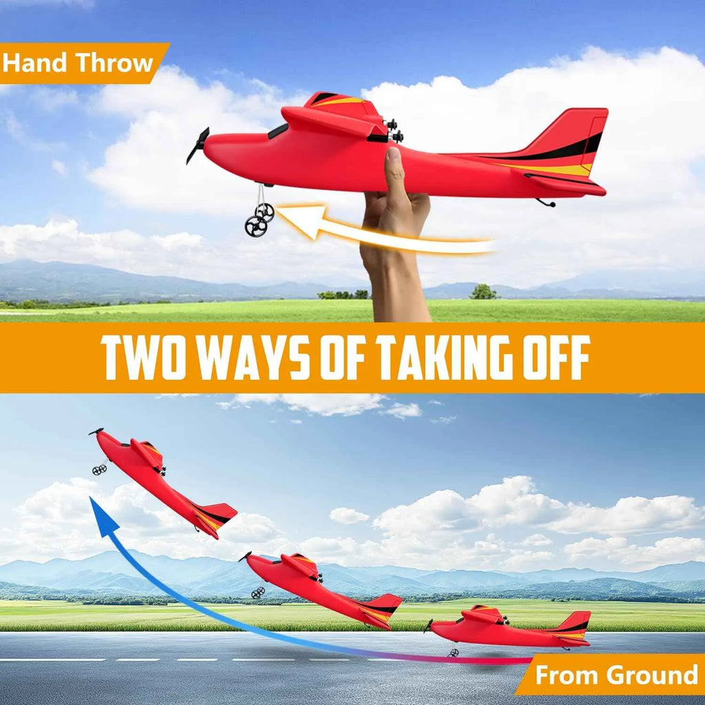 Red RC airplane with instructions on two ways to take off against a scenic background.