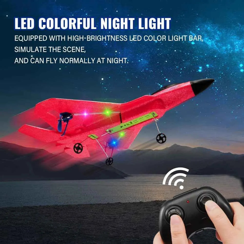 Red RC airplane with LED colorful night light feature, controlled by a remote control.