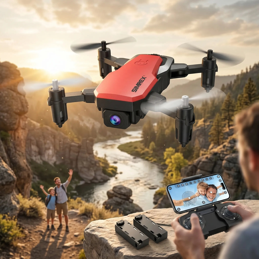 Red RC drone flying over a scenic landscape with a person using a remote control and smartphone.