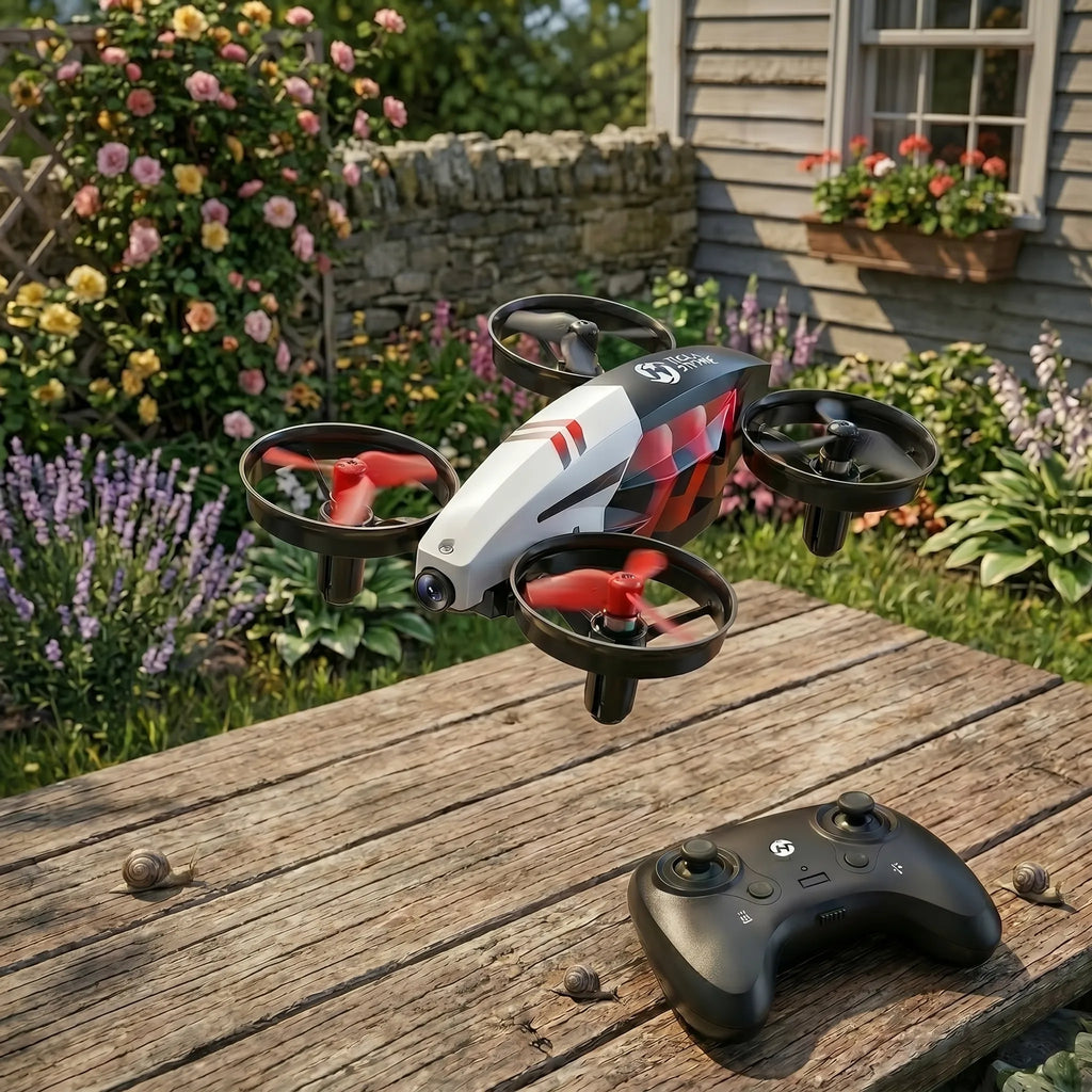 Red RC Drone on a wooden surface with a garden background