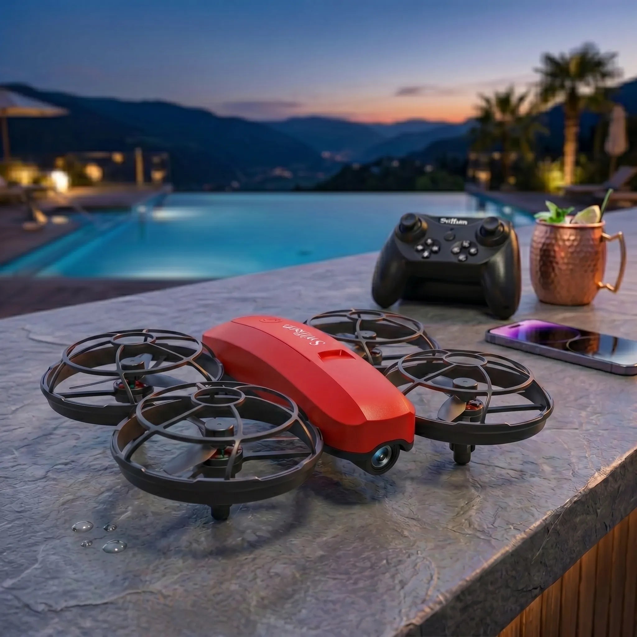 Red RC drone with black propellers on a stone surface near a pool at dusk.