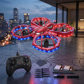 Red RC drone with blue lights on a reflective surface in front of a cityscape at night.