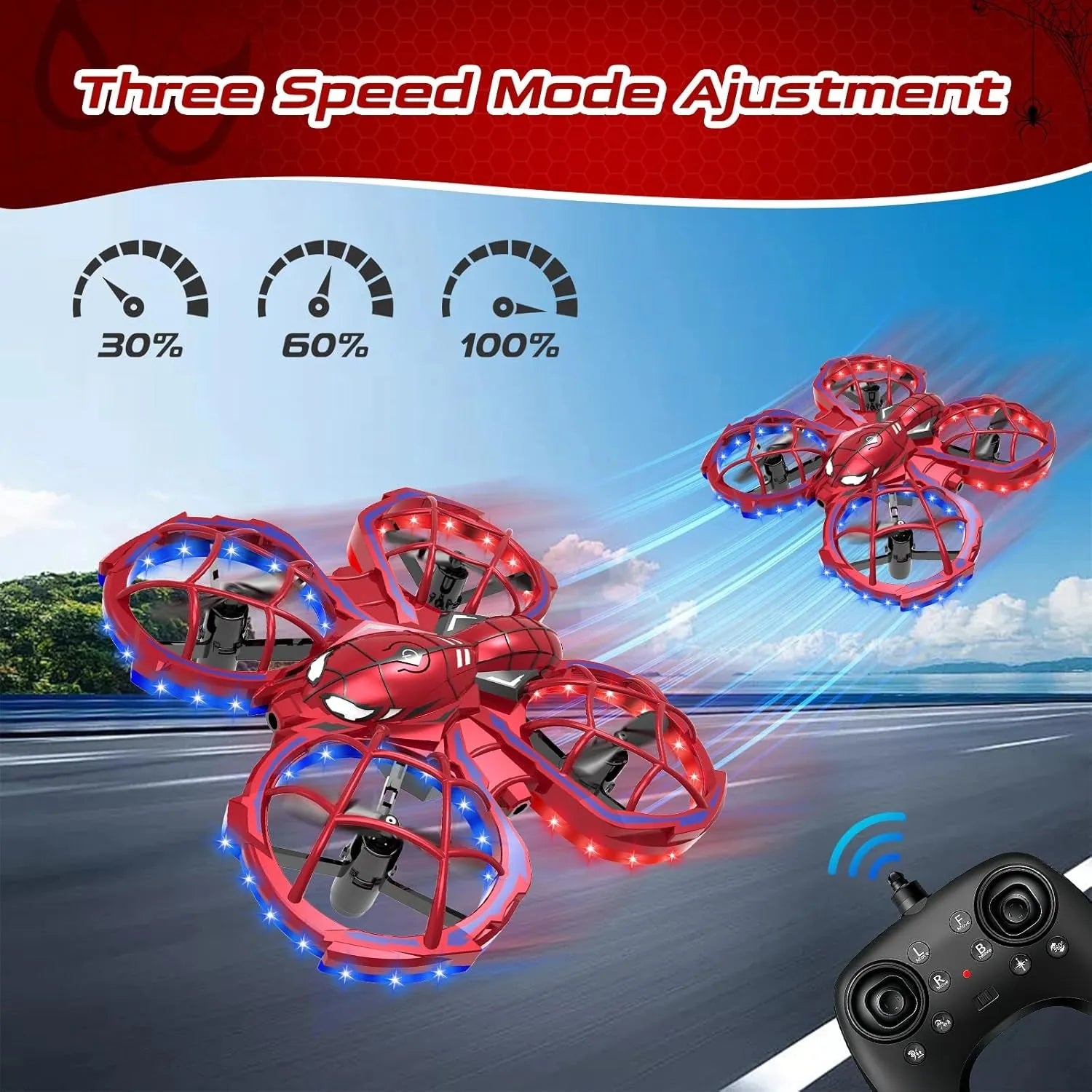 Red RC drone with LED lights and remote control on a road with scenic background