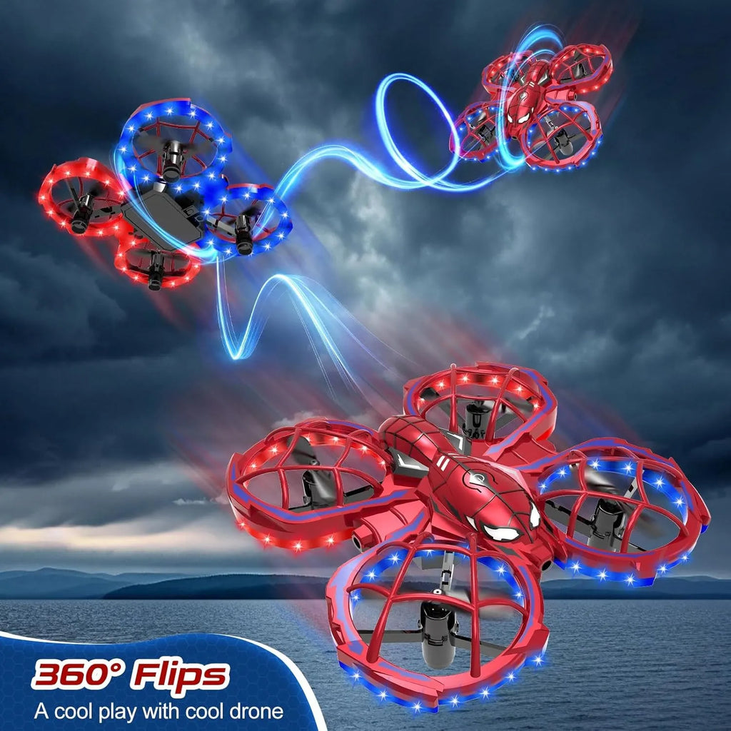 Red RC drone with LED lights performing flips against a dark sky with clouds.