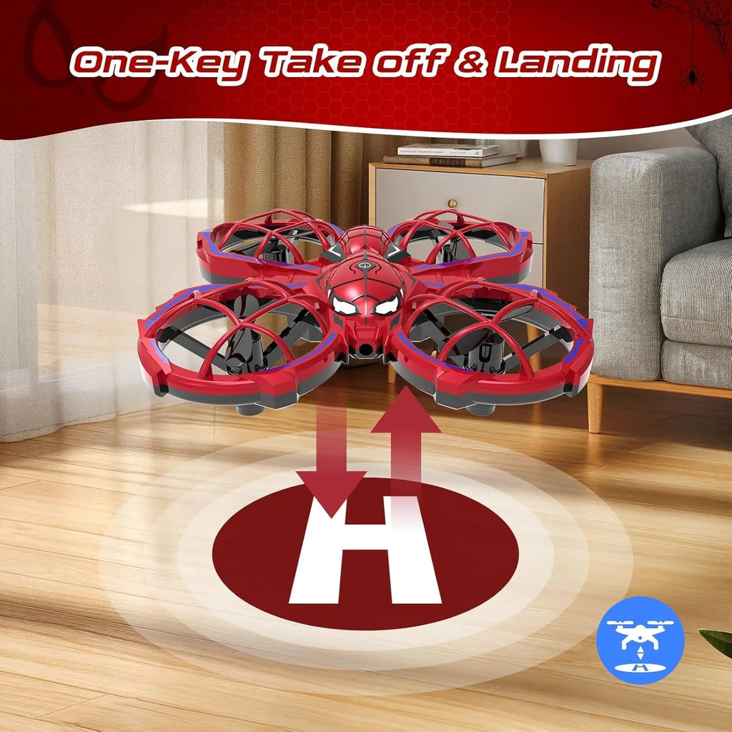 Red RC drone with 'One-Key Take off & Landing' text in a living room setting.
