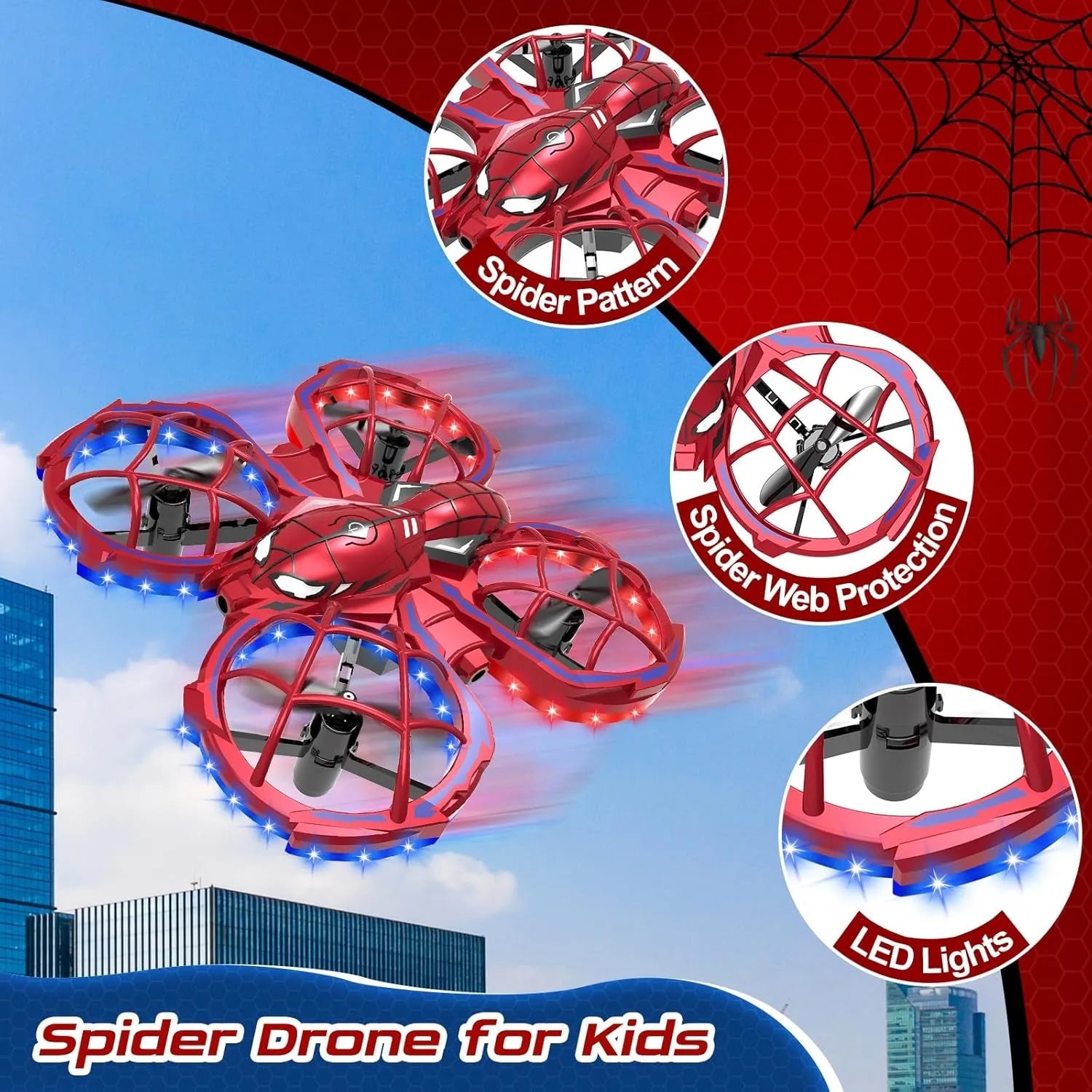 Red RC drone with a spider pattern and LED lights on a blue sky background, labeled 'Spider Drone for Kids'.
